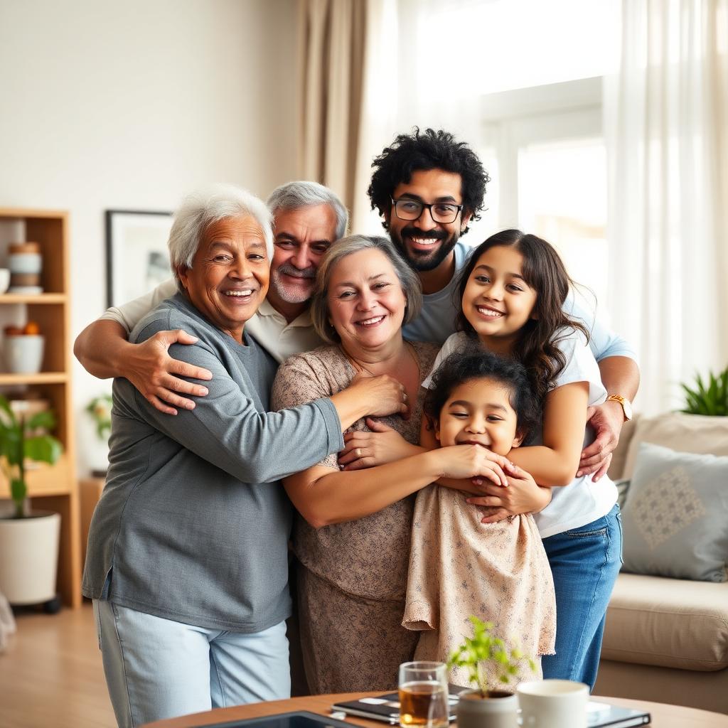 Família reunida com avós felizes em casa