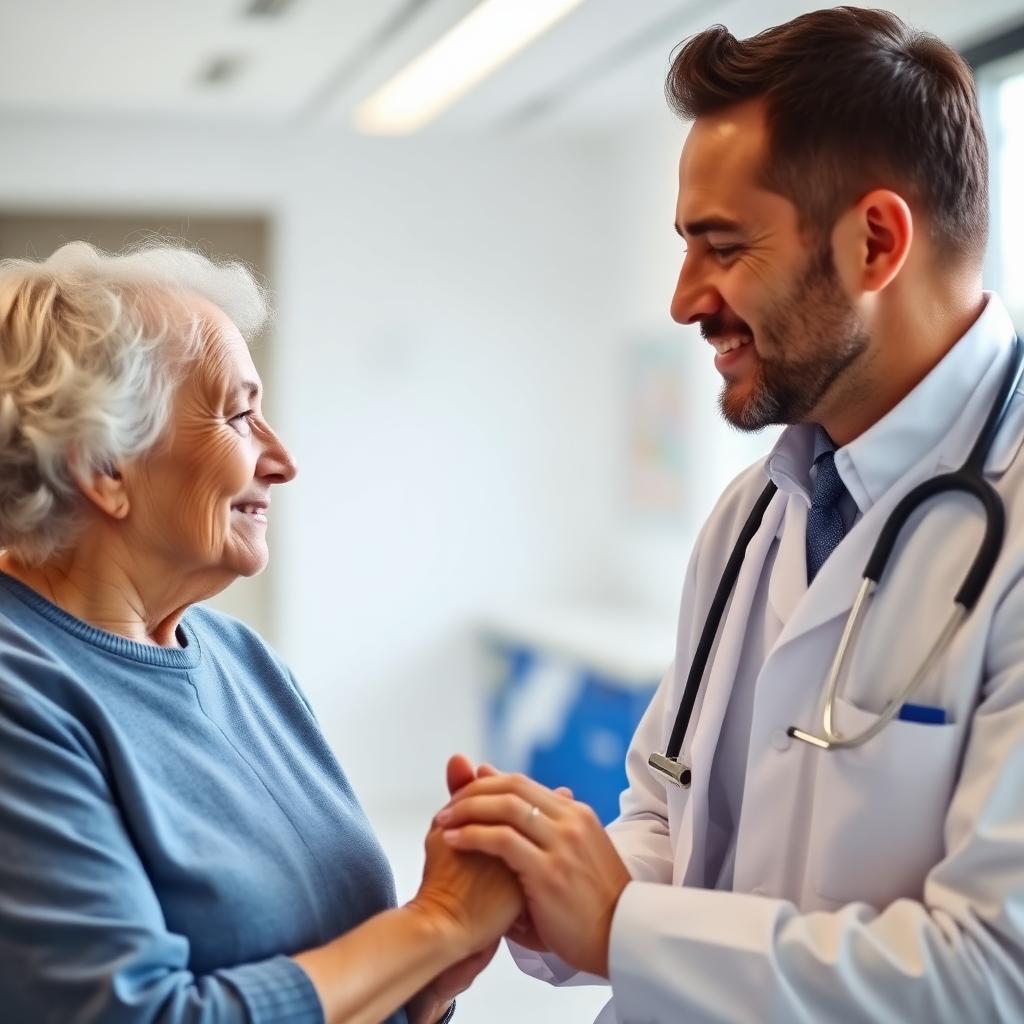 Médico geriatra atendendo idosa com carinho